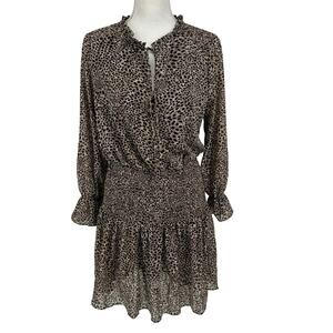 NWOT DEX Beige Brown Print Long Sleeves Mini Dress Sz Medium